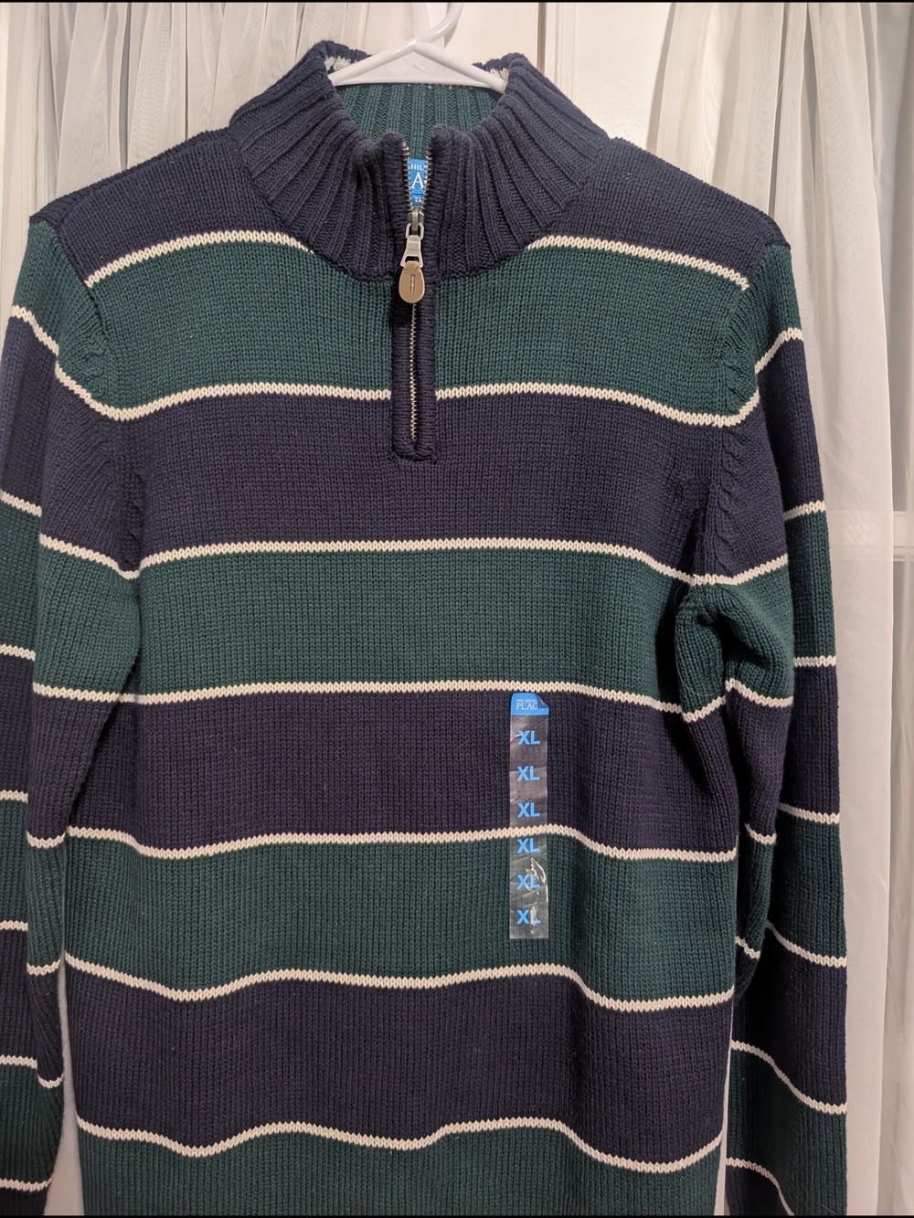 Boys Half-Zip Striped Sweater - Green & Navy - Size 14 - NWT